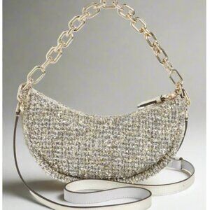 Kate Spade Smile Small Crossbody Silver Tweed Metallic Leather Chain Top Handle